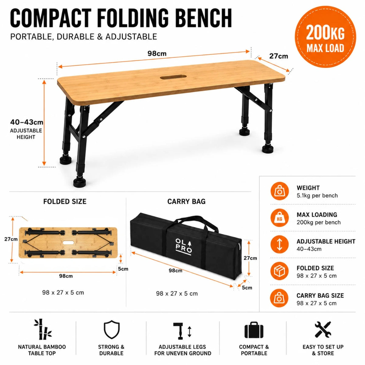OLPRO Folding Bamboo Bench Set