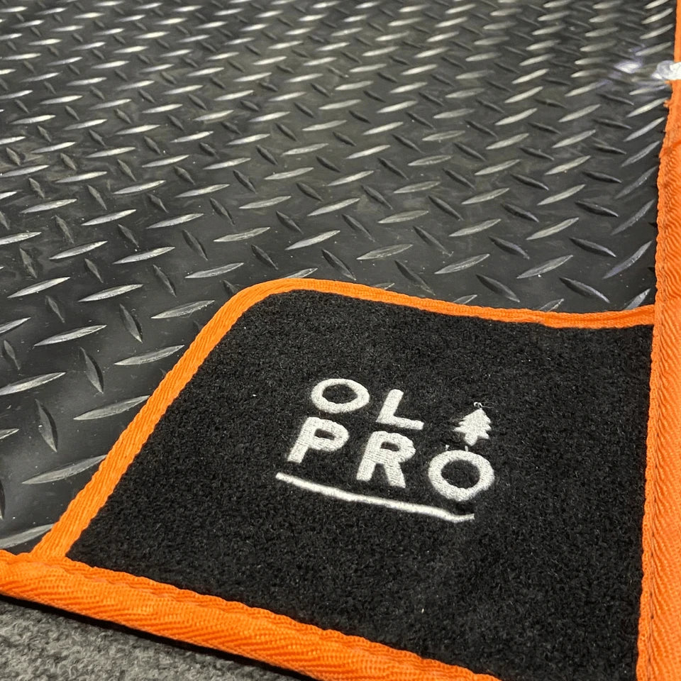 OLPRO Awning Tunnel Mat 1500mm x 800mm Black Rubber with Orange Edge Trim